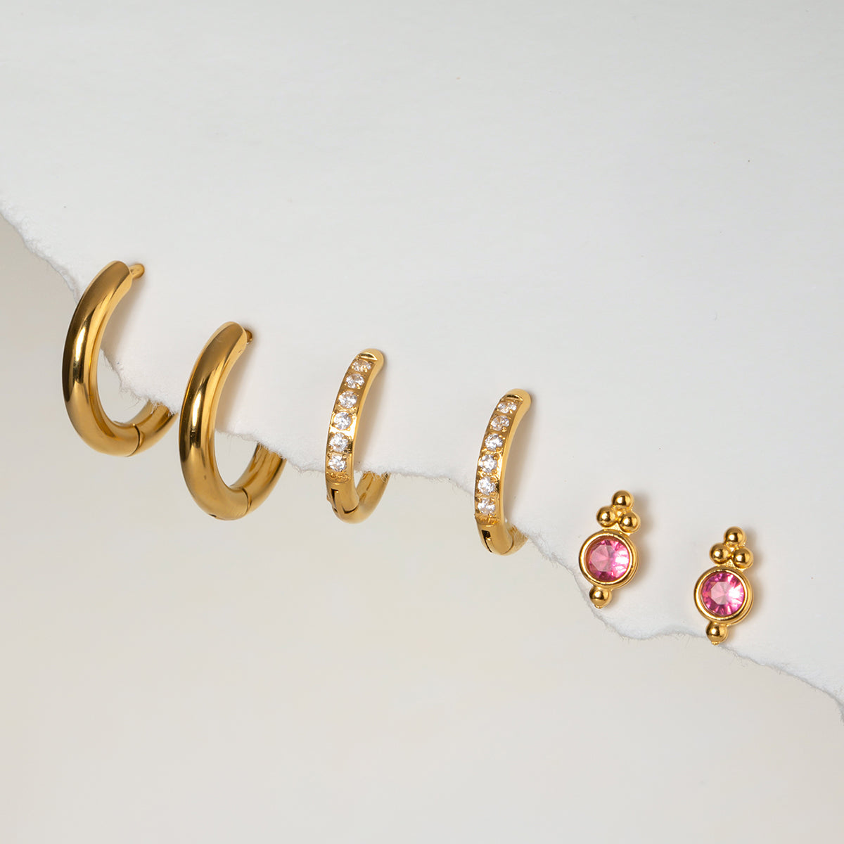 LAYERED RUBY & DIAMOND EARRING SET | GOLD PLATED