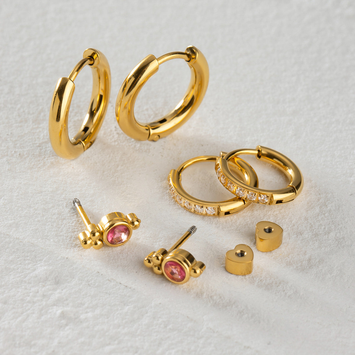 LAYERED RUBY & DIAMOND EARRING SET | GOLD PLATED