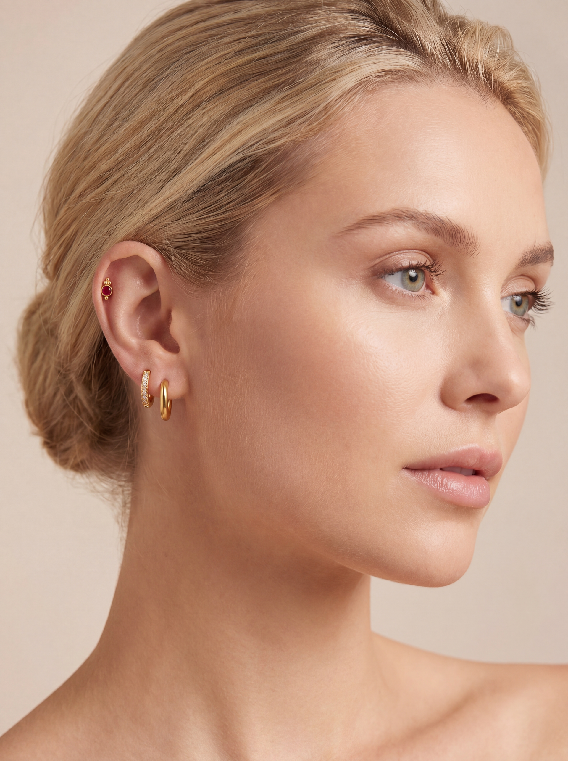 LAYERED RUBY & DIAMOND EARRING SET | GOLD PLATED