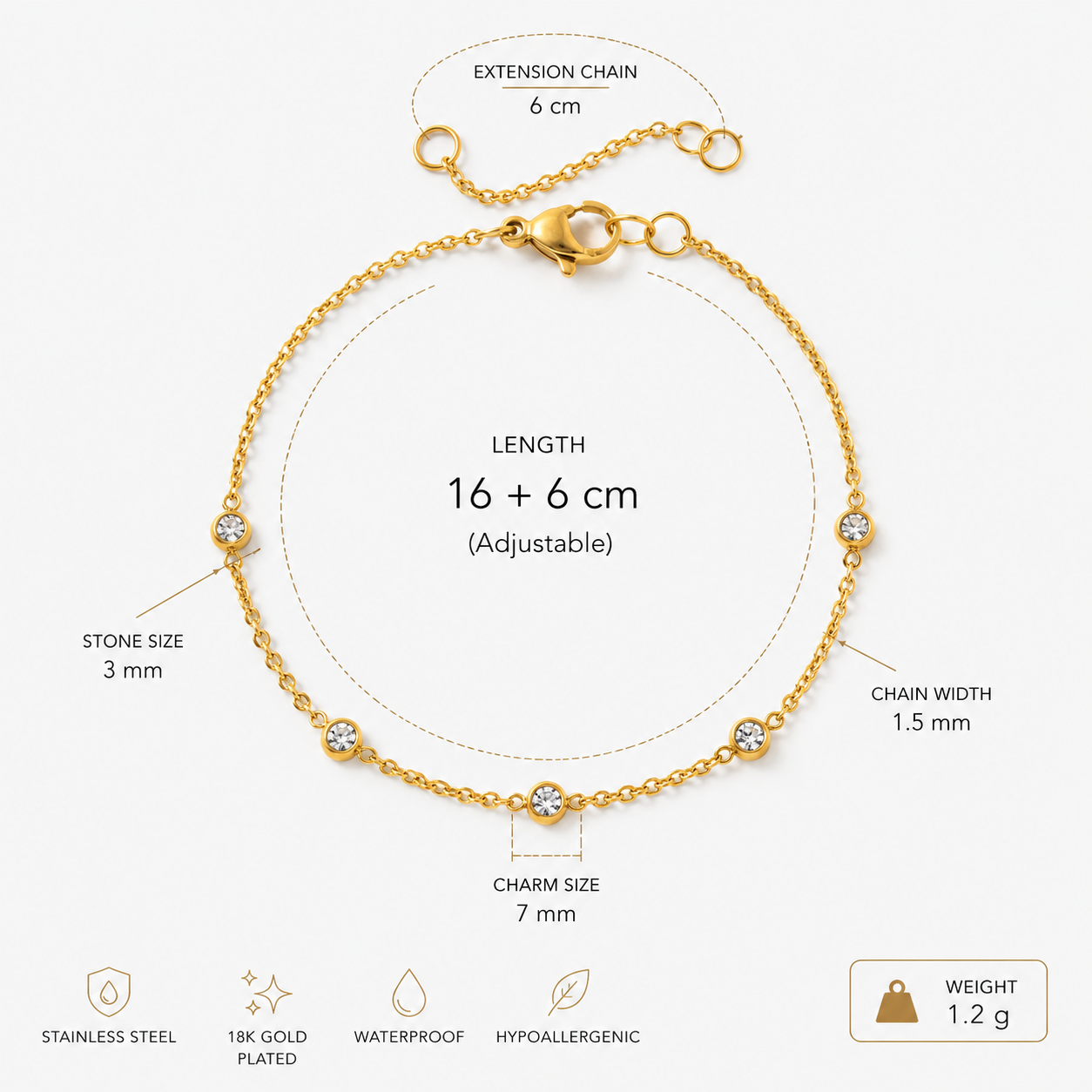 BRACCIALE MINIMALISTA CON CHARM IN ZIRCONE | PLACCATO ORO 18K